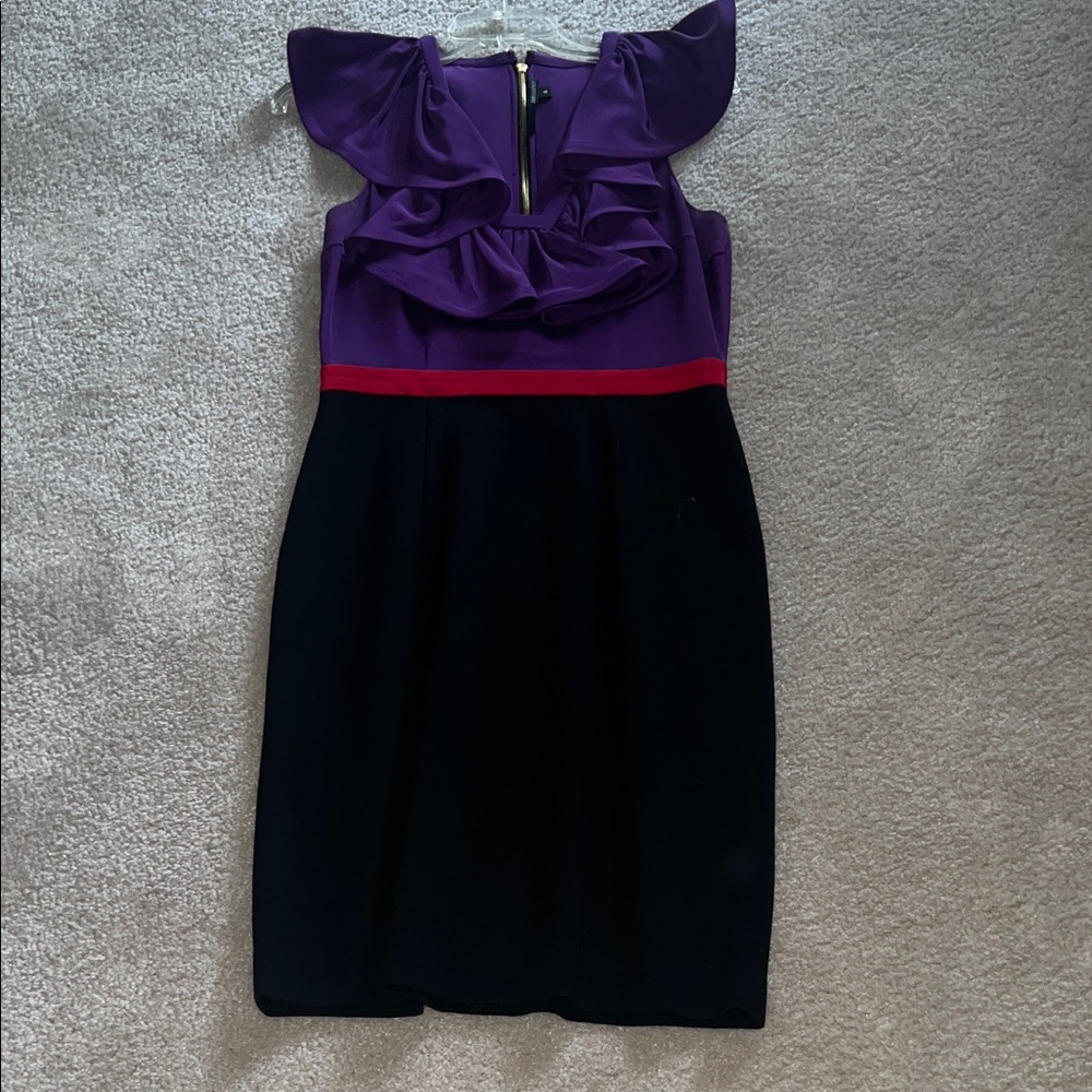 JAYGODFREY Purple and Black Dress with Gold Zipper and Ruffled Neckline